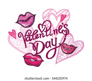 valentines day vintage lettering background. Love you. Hearts. Red lips.