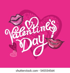 valentines day vintage lettering background. Love you. Hearts. Red lips.