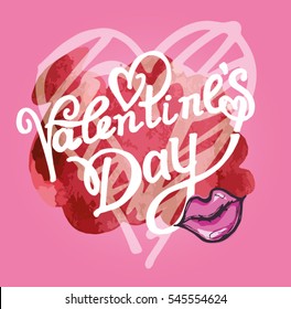 valentines day vintage lettering background. Love you. Hearts. Red lips.