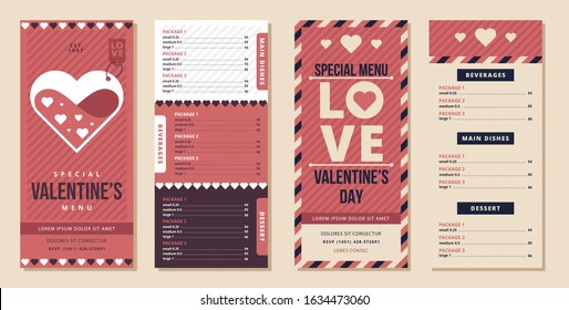 Valentine's day vintage Menu card design templates in front & back. Vector illustration sketch hand drawn elements. Romantic, love, hearts, sweets, flowers, gifts.