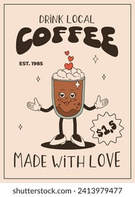 Valentine's Day vintage poster. Happy retro characters. Old animation 50s, 60s 70s, groovy cartoon mascots of coffee and sweets, donut, cupcake, espresso, latte, cocoa, cake. present.