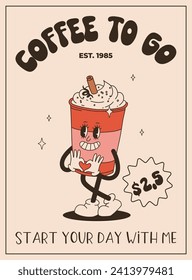 Valentine's Day vintage poster. Happy retro characters. Old animation 50s, 60s 70s, groovy cartoon mascots of coffee and sweets, donut, cupcake, espresso, latte, cocoa, cake. present.