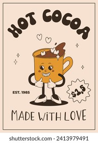 Valentine's Day vintage poster. Happy retro characters. Old animation 50s, 60s 70s, groovy cartoon mascots of coffee and sweets, donut, cupcake, espresso, latte, cocoa, cake. present.