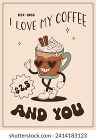 Valentine's Day vintage poster. Happy retro characters. Old animation 50s, 60s 70s, groovy cartoon mascots of coffee and sweets, donut, cupcake, espresso, latte, cocoa, cake. present.