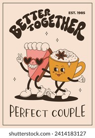 Valentine's Day vintage poster. Happy retro characters. Old animation 50s, 60s 70s, groovy cartoon mascots of coffee and sweets, donut, cupcake, espresso, latte, cocoa, cake. present.
