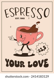 Valentine's Day vintage poster. Happy retro characters. Old animation 50s, 60s 70s, groovy cartoon mascots of coffee and sweets, donut, cupcake, espresso, latte, cocoa, cake. present.