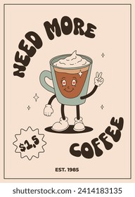 Valentine's Day vintage poster. Happy retro characters. Old animation 50s, 60s 70s, groovy cartoon mascots of coffee and sweets, donut, cupcake, espresso, latte, cocoa, cake. present.