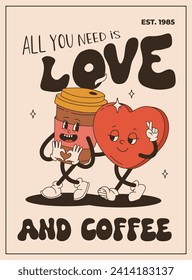 Valentine's Day vintage poster. Happy retro characters. Old animation 50s, 60s 70s, groovy cartoon mascots of coffee and sweets, donut, cupcake, espresso, latte, cocoa, cake. present.