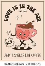 Valentine's Day vintage poster. Happy retro characters. Old animation 50s, 60s 70s, groovy cartoon mascots of coffee and sweets, donut, cupcake, espresso, latte, cocoa, cake. present.