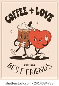 Valentine's Day vintage poster. Happy retro characters. Old animation 50s, 60s 70s, groovy cartoon mascots of coffee and sweets, donut, cupcake, espresso, latte, cocoa, cake. present.