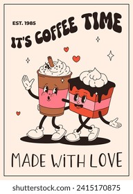 Valentine's Day vintage poster. Happy retro characters. Old animation 50s, 60s 70s, groovy cartoon mascots of coffee and sweets, donut, cupcake, espresso, latte, cocoa, cake. present.