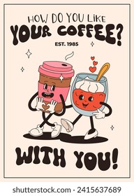 Valentine's Day vintage poster. Happy retro characters. Old animation 50s, 60s 70s, groovy cartoon mascots of coffee and sweets, donut, cupcake, espresso, latte, cocoa, cake. present.