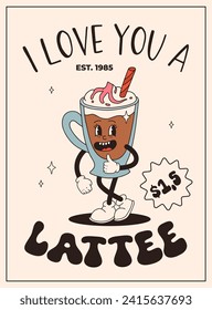 Valentine's Day vintage poster. Happy retro characters. Old animation 50s, 60s 70s, groovy cartoon mascots of coffee and sweets, donut, cupcake, espresso, latte, cocoa, cake. present.