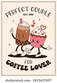 Valentine's Day vintage poster. Happy retro characters. Old animation 50s, 60s 70s, groovy cartoon mascots of coffee and sweets, donut, cupcake, espresso, latte, cocoa, cake. present.
