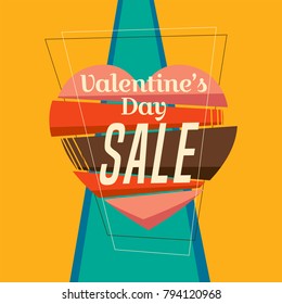 Valentine's Day vintage sale banner. Composition geometric shape, ages colors. Vector illustration.