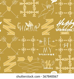 Valentine`s day vintage seamless background. Hand drawn font, logo for your design. "Happy Valentine`s day" and "14 february" text.