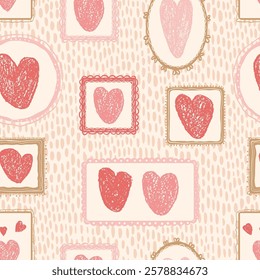 Valentines day vintage seamless pattern. Hearts crayon drawn geometric frames with love symbols repeat background. Vintage farmhouse backdrop. Romantic date motif. Vector hand drawn illustration.