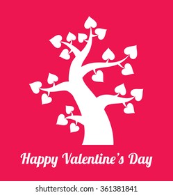 Valentines day vintage white tree with hearts icon on pink background. Valentine's day card concept. Vector logo design.