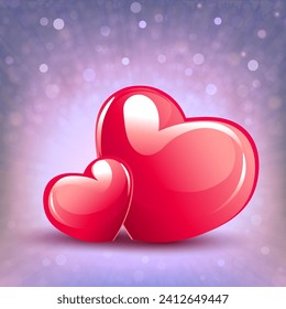 Valentine's Day, Violet composition with two elegant red hearts and glitter, greeting card.