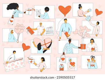 Intercambio virtual de regalos de San Valentín. Grupo de personajes sosteniendo regalos. Celebración de las fiestas de amor. Gente con cajas de regalo en forma de corazón. Cartel vectorial con símbolos románticos. Vector