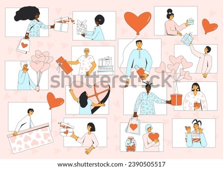 Valentine's Day virtual gift exchange. Group of characters holding presents. Love holiday celebration. People with gift boxes in heart shape. Vector banner with romantic symbols. Vector
