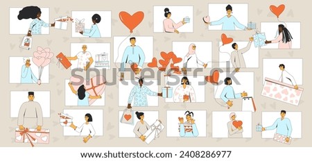Valentine's Day virtual gift exchange. Group of people giving and receiving presents. Love holiday celebration. Friends with giftboxes in heart shape. Online vector banner.