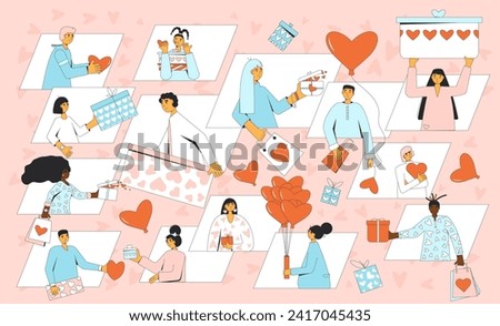 Valentine's Day virtual gift exchange. Group of people giving and receiving presents. Love holiday celebration. Friends with giftboxes in heart shape. Online vector retro banner.