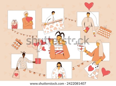 Valentine's Day virtual gift exchange in groovy style. Group of characters giving and receiving presents. Love holiday celebration. People with giftboxes in heart shape. Online vector retro banner.