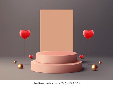 Valentine's Day visuals with realistic 3D pink podium mockup. Featuring a gray backdrop, heart balloons, golden balls and a modern stage, it's perfect for showcasing products. Vector illustration