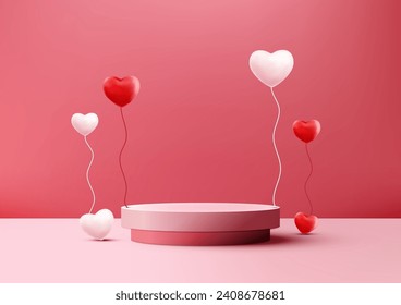 Valentine's Day visuals with this photorealistic 3D podium mockup. Featuring a pink backdrop, heart balloons, and a modern stage, it's perfect for showcasing products, promotion. Vector illustration