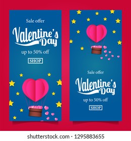 Valentine's day voucher coupon sale banner template. pink hearth balloon air at the night with star shape origami paper craft style. Vector illustration.