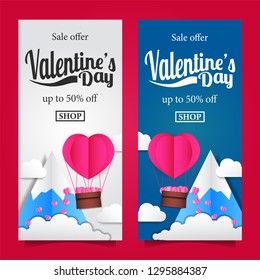 Valentine's day voucher coupon sale banner template. pink hearth balloon air with mountain and cloud shape origami paper craft style. Vector illustration.