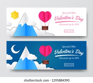 Valentine's day voucher coupon sale banner template. pink hearth balloon air with mountain and cloud shape origami paper craft style. Vector illustration.