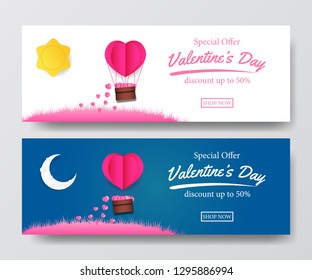 Valentine's day voucher coupon sale banner template. pink hearth balloon air shape origami paper craft style. Vector illustration.