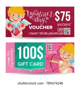 Valentine's Day Voucher Design Vector. Horizontal Discount. February 14. Valentine Cupid And Gifts. Love Advertisement. Marketing Red Illustration