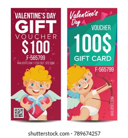 Valentine's Day Voucher Template Vector. Vertical Free Card. February 14. Valentine Cupid And Gifts. Holidays Love Advertisement. Gift Certificate Red Illustration
