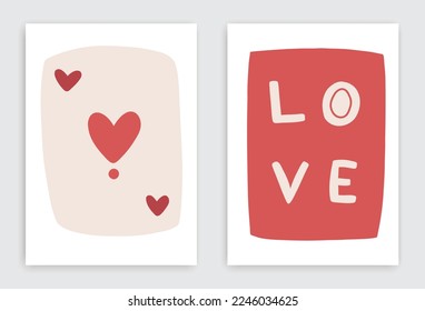 Valentine's day wall printable posters set. Cute love in warm red color palette. Hearts, handwritten letters, playing card, printing wrapping paper, greeting card, labels, stickers, wallpaper, covers