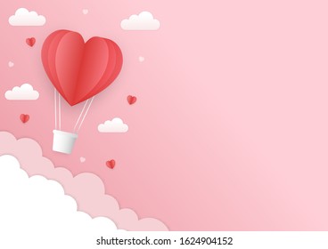 Valentine's Day wallpaper. Red heart shapes, balloon and clouds on sweet pink background. Paper cut style design. Love festive poster, romantic greeting card, invitation, celebration flyer, banner.