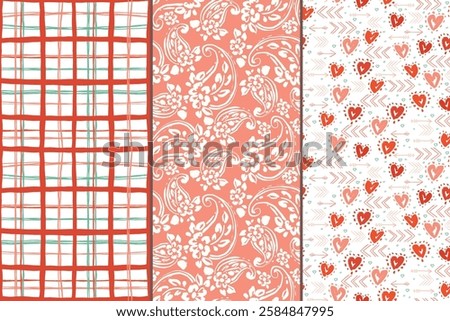Valentines Day wallpapers Floral Lines And Paisley All over Pattern Set of three pattern seamless vector