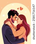 Valentine's day warm greeting card. A couple in love hugs, smiles and about to kiss. February 14. Cute cartoon vector illustration with young man and woman in romantic relationships
