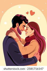 Valentine's day warm greeting card. A couple in love hugs, smiles and about to kiss. February 14. Cute cartoon vector illustration with young man and woman in romantic relationships
