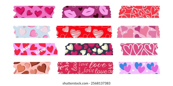 Valentine's Day washi tape collection. Colorful strips with hearts for scrapbooking, self-adhesive labels with hearts. Vector.