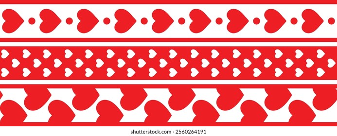 Valentine's Day Washi Tape design, red and white hearts border line, set of vector decorative elements