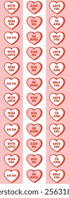 Valentines Day Washi Tape, pink, red and white candy heart sayings border line, set of vertical vector decorative elements