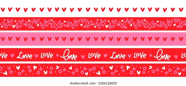 Valentines day washi tape set with hearts. Decorative seamless borders with love symbols and text.