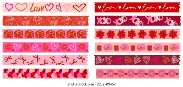 Valentines Day Washi tapes collection. Colorful scrapbook stripes, sticky label tags and decorative scotch strip with hearts, kiss, lips, love. Border elements, paper sticker tape vector illustration.