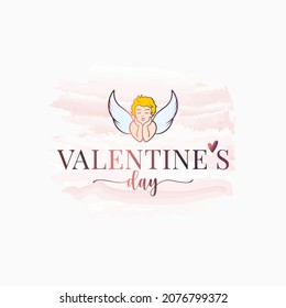 Valentines day watercolor banner with cupid on white background