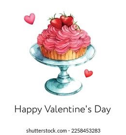 Valentine's day watercolor cake, piece of cake. It can be used for card, postcard, cover, invitation, wedding card, mothers day card, birthday card, menu, recipe.