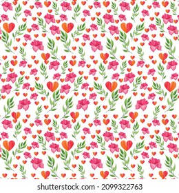 Valentine's day Watercolor cute floral pattern with pink roses and hearts on white background. Beautiful botanical And flower print
