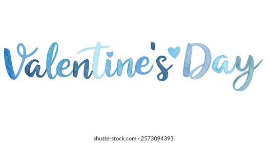 Valentine's Day watercolor design, blue hues, romantic theme, festive lettering, artistic illustration, holiday decoration.
